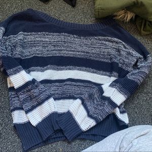 Blue and white striped off shoulder knit sweater